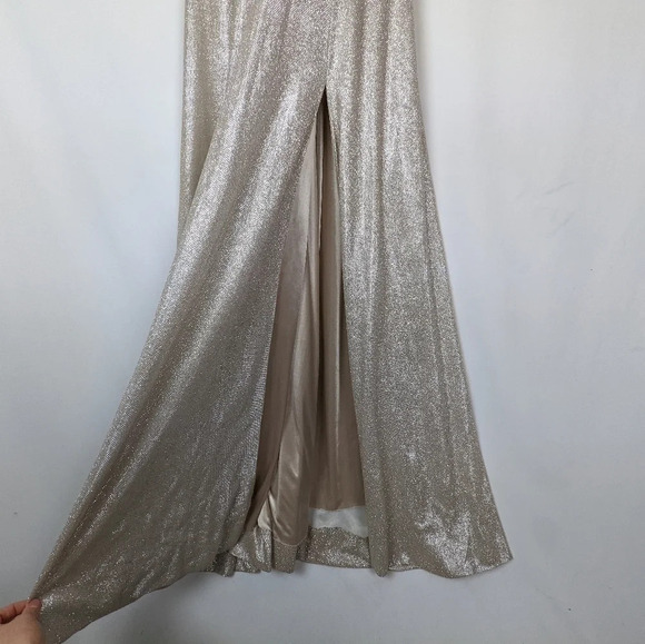 CINDERELLA DIVINE sz.2 Metallic Glitter Evening Formal Dress Champagne High Slit - Picture 11 of 16